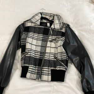 Plaid jacket with faux leather sleeves